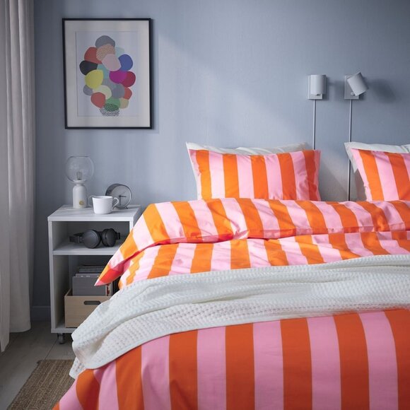 IKEA SLÅNHÖSTMAL Duvet cover Queen orange/pink/stripe 86" x 86" EUC - Picture 2 of 9